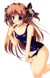 Rule 34 | 1girl, :o, absurdres, adjusting clothes, adjusting swimsuit, asuka mirai, blue eyes, blush, bow, brown hair, hair bow, highres, long hair, mikeou, nanairo kouro, one-piece swimsuit, school swimsuit, simple background, solo, swimsuit, wet