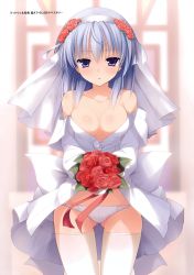 Rule 34 | 1girl, absurdres, blue eyes, blue hair, bouquet, breasts, bridal veil, cleavage, clothes lift, dress, dress lift, flower, hair flower, hair ornament, headband, highres, imouto no katachi, matching hair/eyes, meta (imouto no katachi), mutou kurihito, no bra, off shoulder, panties, rose, solo, thigh gap, thighhighs, underwear, veil, wedding dress, white panties, white thighhighs