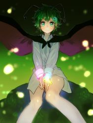 Rule 34 | 1girl, antennae, blush, bracelet, cape, glowing, glowstick, gradient background, green background, green eyes, green hair, hair ornament, hairclip, highres, jewelry, keemoringo, long sleeves, looking at viewer, matching hair/eyes, no pants, shirt, short hair, sitting, solo, touhou, very short hair, wavy mouth, wriggle nightbug