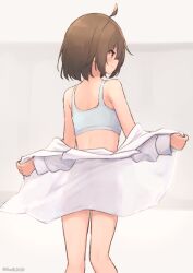 Rule 34 | 1girl, ahoge, arm up, artist name, back, bare shoulders, blush, bob cut, bra, brown hair, centi mnkt, cowboy shot, highres, looking to the side, original, oversized clothes, red eyes, shirt, short hair, sidelocks, smile, solo, sports bra, twitter username, underwear, undressing, white shirt