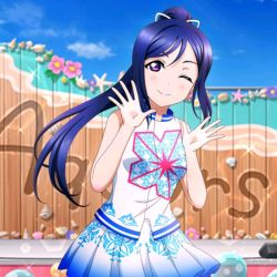 Rule 34 | 1girl, ;), artist name, artist request, blue hair, blue sky, blush, cloud, day, dress, dress shirt, earrings, female focus, floating hair, hair between eyes, hair ribbon, hand wave, high ponytail, jewelry, let&#039;s go wonder trip, long hair, looking at viewer, love live!, love live! school idol festival, love live! sunshine!!, matsuura kanan, on stage, one eye closed, outdoors, parted lips, plaid, plaid skirt, pleated, pleated skirt, ponytail, purple eyes, ribbon, shirt, skirt, sky, sleeveless, sleeveless shirt, smile, smile smile ship start!!, smile smile ship start (love live!), solo, stage, star (symbol), star print, wavy hair, white ribbon, white shirt, white skirt, wink