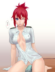 Rule 34 | 10s, 1girl, arm support, barefoot, blue eyes, blush, breasts, collarbone, covered erect nipples, folded ponytail, gloves, highres, lasterk, no panties, one eye closed, open clothes, open shirt, rail wars!, red hair, sakurai aoi, shirt, solo, thighs, toy train, updo, white gloves