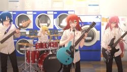 Rule 34 | 4girls, ahoge, arm up, bass guitar, bespectacled, black pants, blonde hair, blue eyes, blue hair, blush, bocchi the rock!, checkered floor, closed mouth, commentary, concentrating, cosplay, cube hair ornament, dress shirt, drum, drum set, drumsticks, electric guitar, feet out of frame, glasses, gotoh hitori, green eyes, guitar, hair bobbles, hair ornament, highres, holding, holding drumsticks, holding plectrum, ijichi nijika, indoors, instrument, kita ikuyo, laundromat, long hair, long sleeves, looking at viewer, looking down, looking to the side, matching outfits, microphone stand, multiple girls, music, one eye closed, one side up, open mouth, pants, parody, pink hair, playing instrument, plectrum, polkadot stingray (band), red eyes, red hair, sakuraki riichi, shirt, shoulder strap, side ponytail, sleeves rolled up, smile, standing, washing machine, white shirt, yamada ryo, yellow eyes
