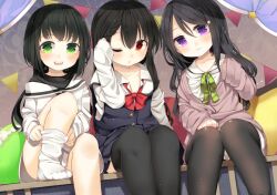 Rule 34 | 3girls, :d, ;o, adjusting sock, age regression, aged down, ao no neko, black hair, black pantyhose, black thighhighs, blush, bow, bowtie, cardigan, collarbone, green bow, green bowtie, green eyes, tucking hair, hand on own chest, hand on own knee, loose bowtie, multiple girls, no shoes, one eye closed, open mouth, original, oversized clothes, pantyhose, plaid, plaid bow, plaid bowtie, pleated skirt, purple eyes, red bow, red bowtie, red eyes, sitting, skirt, sleeves past wrists, smile, socks, teeth, thighhighs, upper teeth only, white socks