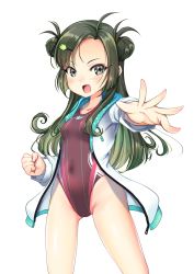 Rule 34 | 1girl, absurdres, ahoge, black hair, breasts, collarbone, competition swimsuit, covered navel, double bun, forehead, foreshortening, green hair, hair bun, highleg, highleg swimsuit, highres, kantai collection, long hair, makinami (kancolle), multicolored hair, one-piece swimsuit, purple one-piece swimsuit, simple background, small breasts, smile, solo, standing, swimsuit, white background, yashin (yasinz)
