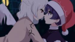 Rule 34 | 2girls, :o, anime coloring, bad id, bad pixiv id, beige jacket, blue shirt, blurry, blurry background, braid, doremy sweet, eyelashes, french braid, from side, hat, highres, imminent kiss, kishin sagume, looking at another, medium hair, multiple girls, nightcap, pom pom (clothes), profile, purple eyes, red eyes, red headwear, shirt, silver hair, single wing, touhou, upper body, wings, yukome, yuri