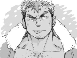 Rule 34 | 1boy, :q, bara, blush, chest hair, facial hair, forked eyebrows, goatee, greyscale, jacket, kijima hyogo, looking at viewer, male focus, mature male, monochrome, muscular, muscular male, one eye closed, open clothes, open jacket, pectoral cleavage, pectorals, portrait, short hair, sideburns, solo, stubble, takabushi kengo, tokyo houkago summoners, tongue, tongue out, upper body