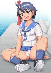 Rule 34 | 1girl, arm support, black footwear, blue eyes, blush, breasts, buttons, collarbone, commentary request, double-breasted, fang, gradient background, hair between eyes, hair ornament, head tilt, hodaka natsumi, houkago teibou nisshi, looking at viewer, on ground, open mouth, orizen, panties, paw print, pleated skirt, print panties, sailor collar, shadow, shoes, short sleeves, sitting, skirt, small breasts, smile, sneakers, socks, solo, underwear, water, white footwear