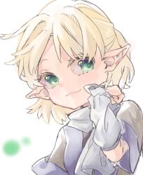 Rule 34 | 1girl, arm warmers, blonde hair, blush, brown shirt, closed mouth, commentary, green eyes, half updo, looking at viewer, mizuhashi parsee, pointy ears, rishita, scarf, shirt, short hair, short sleeves, simple background, smile, solo, touhou, upper body, white background, white scarf
