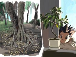 Rule 34 | 1boy, black hair, brown eyes, flower pot, gon freecss, highres, hunter x hunter, male focus, mito tomiko, nature, plant, smile, solo, spiked hair, tree