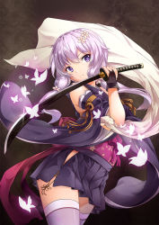 Rule 34 | 1girl, alternate costume, blade, bug, butterfly, commentary request, cowboy shot, detached sleeves, fingerless gloves, flower, fujino (yoshi9798174), gloves, hair flower, hair ornament, head tilt, holding, holding sword, holding weapon, insect, japanese clothes, katana, light purple hair, looking at viewer, obi, pleated skirt, purple eyes, purple thighhighs, sash, short hair with long locks, sidelocks, skirt, solo, standing, sword, thighhighs, vocaloid, voiceroid, weapon, wide sleeves, yuzuki yukari, zettai ryouiki