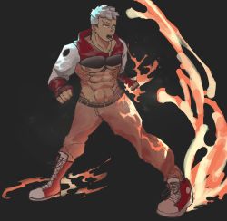 Rule 34 | 1boy, absurdres, axel (danshin), bad id, bad pixiv id, bara, boots, borrowed character, demon, face, fantasy, fire, highres, kapn4874, male focus, manly, mask, mask on head, muscular, muscular male, original, shoes, white hair, yellow eyes