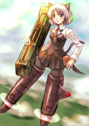 Rule 34 | 1girl, animal ears, blush, cat ears, cat tail, cloud, day, flying, green eyes, highres, hirschgeweih antennas, jmogutan, military, military uniform, necktie, pantyhose, pouch, rocket launcher, sanya v. litvyak, short hair, silver hair, skirt, solo, strike witches, striker unit, tail, uniform, weapon, world witches series