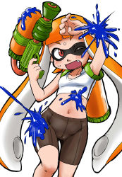 Rule 34 | 1girl, absurdres, bad id, bad pixiv id, bike shorts, cameltoe, container, covering face, crop top, dirty, fang, highres, holding, holding weapon, ink tank (splatoon), inkling, inkling girl, inkling player character, konkon, long hair, matching hair/eyes, midriff, navel, nintendo, one eye closed, open mouth, orange eyes, orange hair, paint splatter, pointy ears, shirt, single vertical stripe, sketch, sleeveless, solo, splatoon (series), splatoon 1, splattershot (splatoon), standing, super soaker, sweat, tentacle hair, thigh gap, weapon, white background, white shirt, wince