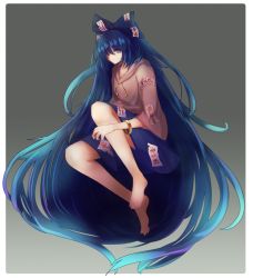 Rule 34 | 1girl, absurdly long hair, barefoot, blue bow, blue eyes, blue hair, blue skirt, border, bow, bracelet, collarbone, commentary request, debt, drawstring, full body, gradient background, grey background, grey hoodie, hair bow, hair over one eye, highres, hood, hoodie, invisible chair, jewelry, knee up, long hair, long sleeves, looking at viewer, miniskirt, sitting, skirt, smile, solo, touhou, very long hair, white border, wide sleeves, yonaga san, yorigami shion