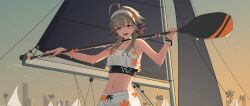 Rule 34 | 1girl, :d, ahoge, arknights, armpits, arms up, bare arms, bare shoulders, camisole, commentary request, crop top, dusk, female focus, gradient background, grey eyes, grey hair, hair over shoulder, hairband, highres, holding, holding oar, long hair, looking at viewer, mayer (arknights), medium hair, midriff, narrow waist, navel, northkiyou, oar, open mouth, outdoors, sailin, smile, solo, stomach, tsurime, upper body, wet, white hairband