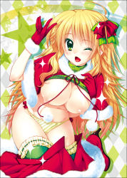 Rule 34 | 1girl, ahoge, araiguma, bad id, bad pixiv id, blonde hair, boots, bow, breasts, christmas, clothes pull, diagonal stripes, frilled thighhighs, frills, gloves, green eyes, green thighhighs, hair bow, hoshii miki, idolmaster, idolmaster (classic), large breasts, long hair, nipples, one eye closed, open mouth, panties, red gloves, santa costume, skirt, skirt pull, solo, sparkle, star (symbol), striped clothes, striped panties, thighhighs, underwear, very long hair, wink