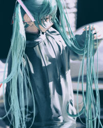 Rule 34 | 1girl, blue eyes, blue hair, blurry, blurry background, closed mouth, cowboy shot, depth of field, grey sweater, hand up, hatsune miku, highres, holding, holding own hair, houtei9, lips, long hair, shadow, sidelighting, solo, sunlight, sweater, twintails, very long hair, vocaloid