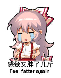 Rule 34 | 1girl, :d, = =, belly grab, bilingual, bow, chinese commentary, chinese text, closed eyes, commentary request, crying, english text, engrish text, fujiwara no mokou, hair between eyes, hair bow, jokanhiyou, long hair, lowres, mixed-language text, open mouth, pants, pink hair, puffy short sleeves, puffy sleeves, ranguage, red pants, shirt, short sleeves, sidelocks, simple background, smile, solo, streaming tears, suspenders, tears, touhou, upper body, very long hair, weight conscious, white background, white bow, white shirt