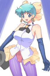 Rule 34 | 1980s (style), 1girl, blue eyes, blue hair, bow, breasts, earrings, elbow gloves, gloves, hair bow, hat, hirose (mokiki), jewelry, kazuki mai, large breasts, lipstick, magical emi, magical girl, mahou no star magical emi, makeup, matching hair/eyes, retro artstyle, pantyhose, retro artstyle, short hair, solo, top hat
