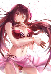Rule 34 | 1girl, bikini, bracelet, breasts, cleavage, cowboy shot, fate/grand order, fate (series), flower, grin, hair flower, hair ornament, huamuan huamuan, jewelry, knife, large breasts, long hair, looking at viewer, purple hair, red eyes, sarong, scathach (fate), scathach (fate), scathach (swimsuit assassin) (fate), smile, solo, swimsuit, throwing knife, very long hair, weapon