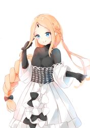 Rule 34 | 1girl, abigail williams (event portrait) (fate), abigail williams (fate), absurdres, black bow, black gloves, black shirt, blonde hair, blue eyes, bow, braid, breasts, closed mouth, commentary request, elbow gloves, fate/grand order, fate (series), frilled skirt, frills, gloves, hair bow, hand up, highres, keyhole, long hair, long sleeves, looking at viewer, shirt, simple background, skirt, small breasts, smile, solo, very long hair, white background, white skirt, wide sleeves, yukaa