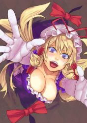 Rule 34 | 1girl, blonde hair, blue eyes, bow, breasts, cleavage, dress, elbow gloves, female focus, foreshortening, frills, gap (touhou), gloves, grey background, hair bow, hat, hat bow, large breasts, long hair, looking at viewer, open mouth, outstretched arms, purple dress, purple eyes, solo, touhou, white gloves, yakumo yukari, yuuji (and)