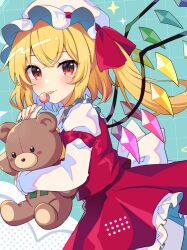 Rule 34 | 1girl, ascot, bat wings, blonde hair, blue background, crystal, flandre scarlet, hat, hat ribbon, laevatein (touhou), mob cap, multicolored wings, one side up, puffy short sleeves, puffy sleeves, red eyes, red skirt, red vest, ribbon, ruhika, short sleeves, side ponytail, skirt, skirt set, solo, stuffed animal, stuffed toy, teddy bear, touhou, vest, white hat, wings, yellow ascot