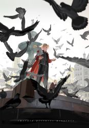 Rule 34 | 2boys, alphonse elric, animal, bird, black pants, blonde hair, brothers, cape, city, closed eyes, coat, commentary, edward elric, emmmerald, english text, fountain, from below, fullmetal alchemist, highres, long hair, long sleeves, looking to the side, male focus, multiple boys, open mouth, pants, pigeon, red cape, siblings, sitting, sky, smile, square, standing, suitcase, teeth, white sky, yawning, yellow eyes