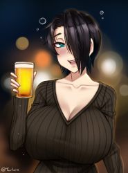 Rule 34 | 1girl, alcohol, artist name, beer, black hair, black sweater, blue eyes, blush, breasts, bubble, cup, drink, drinking glass, drunk, hair over one eye, holding, holding drink, huge breasts, lights, looking at viewer, original, ribbed sweater, saya (twrlare), short hair, signature, smile, sweater, twitter username, twrlare, v-neck