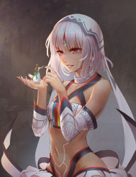 Rule 34 | 2girls, absurdres, altera (fate), bandeau, collarbone, detached sleeves, fate/extella, fate/extra, fate (series), grin, highres, holding, midriff, miniskirt, multiple girls, nail polish, navel, pleated skirt, q18607, red eyes, short hair, silver hair, skirt, smile, stomach, veil, white skirt, white sleeves