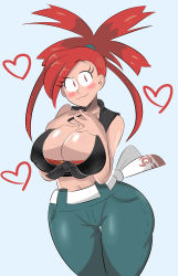 Rule 34 | 1girl, :3, absurdres, bare shoulders, belt, black shirt, blue background, blue pants, blush, breasts, cleavage, covered erect nipples, creatures (company), crop top, female focus, flannery (pokemon), game freak, gym leader, hair tie, hands on own chest, hands up, heart, highres, huge breasts, jinu (jinusenpai), looking at viewer, matching hair/eyes, midriff, navel, nintendo, own hands together, pants, pokemon, pokemon oras, raised eyebrow, red eyes, red hair, shiny skin, shirt, simple background, sleeveless, sleeveless shirt, smile, solo, standing, thigh gap, tied shirt, wide hips