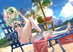 Rule 34 | 1girl, animal ears, animal print, anklet, antlers, arms up, barefoot, beach, beach chair, bikini, blush, breasts, ceres fauna, cow print, cow print bikini, day, dutch angle, eyewear lift, feet, food, fruit, full body, green hair, hololive, hololive english, horns, jewelry, large breasts, long hair, looking at viewer, multicolored hair, nail polish, no shoes, outdoors, print bikini, single thighhigh, soles, solo, stirrup legwear, streaked hair, sunglasses, swimsuit, sydus, thighhighs, toeless legwear, toenail polish, toenails, toes, virtual youtuber, watermelon, watermelon slice, white thighhighs, yellow eyes