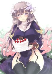 Rule 34 | 1girl, :3, black thighhighs, blue dress, blush, breasts, brown hair, cake, closed mouth, commentary request, cowboy shot, dress, eating hair, flower, food, fruit, garter straps, hair between eyes, hair flower, hair ornament, happy birthday, highres, holding, holding plate, juliet sleeves, large breasts, long hair, long sleeves, looking at viewer, mizuki takehito, no panties, plate, pointy ears, poring, priest (ragnarok online), puffy sleeves, ragnarok online, sitting, slime (creature), smile, strawberry, thighhighs, white flower