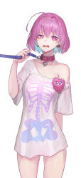 Rule 34 | 1girl, absurdres, blue hair, collar, collarbone, colored inner hair, commentary, cowboy shot, earrings, fang, hand up, heart collar, highres, idolmaster, idolmaster cinderella girls, jewelry, leash, looking at viewer, mac star, multicolored hair, open mouth, pink collar, pink eyes, pink hair, ribs, shirt, short sleeves, simple background, single bare shoulder, solo, t-shirt, white background, white shirt, yumemi riamu