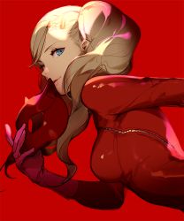 Rule 34 | 10s, 1girl, ask (askzy), blonde hair, blue eyes, bodysuit, breasts, from side, gloves, mask, unworn mask, medium breasts, persona, persona 5, red background, red theme, simple background, solo, takamaki anne, twintails