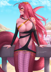 Rule 34 | 1girl, areola slip, arm support, black sleeves, blue sky, bracelet, breasts, closed mouth, detached sleeves, earrings, gold, greamyart, hair ornament, highres, jewelry, lamia, large breasts, lips, long hair, looking to the side, miia (monster musume), monster girl, monster musume no iru nichijou, navel, orange eyes, outdoors, pointy ears, red hair, revealing clothes, ring, scales, sky, slit pupils, solo, tail