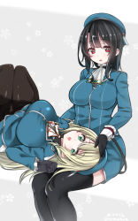 Rule 34 | 10s, 2girls, atago (kancolle), bad id, bad pixiv id, black hair, black legwear, blonde hair, breasts, commentary request, gloves, hat, highres, kantai collection, lap pillow, large breasts, legs together, long hair, military, military uniform, mitsudoue, multiple girls, pantyhose, red eyes, short hair, simple background, sitting, takao (kancolle), teeth, thighhighs, uniform, upper teeth only