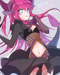 Rule 34 | 10s, 1girl, blue background, blue eyes, dragon horns, dragon tail, dress, elizabeth bathory (fate), fate/extella, fate/extra, fate/extra ccc, fate (series), horns, long hair, looking at viewer, mom 29 mom, navel, official alternate costume, purple hair, simple background, smile, solo, tail, twitter username