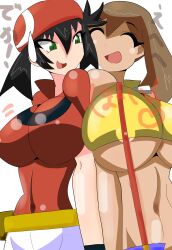 Rule 34 | 2girls, asymmetrical hair, bandana, bare shoulders, black hair, breasts, brown hair, cleavage, cosplay, creatures (company), earrings, game freak, green eyes, hat, highres, hitotsumea, huge breasts, jewelry, large breasts, looking at another, may (pokemon), may (pokemon) (cosplay), micro shorts, midriff, misty (pokemon), misty (pokemon) (cosplay), multiple girls, navel, nintendo, nipples, open mouth, pokemon, pokemon: the electric tale of pikachu, pokemon rse, ponytail, short hair, shorts, side ponytail, smile, solo, suspenders, sweatdrop, underboob