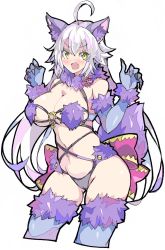 Rule 34 | 1girl, ahoge, animal ear fluff, animal ears, bare shoulders, black panties, blue gloves, blue thighhighs, breasts, cosplay, cropped legs, elbow gloves, enpe, fang, fate/grand order, fate (series), fur-trimmed legwear, fur collar, fur trim, gloves, hair between eyes, highres, jeanne d&#039;arc (fate), jeanne d&#039;arc alter (avenger) (fate), jeanne d&#039;arc alter (fate), large breasts, long hair, mash kyrielight, mash kyrielight (dangerous beast), mash kyrielight (dangerous beast) (cosplay), navel, official alternate costume, open mouth, panties, simple background, solo, tail, thighhighs, underwear, v-shaped eyebrows, very long hair, white background, white hair, wolf ears, wolf tail, yellow eyes