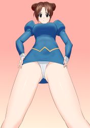 Rule 34 | 1girl, agent aika, aika (series), blue delmo, blue delmo c, brown eyes, brown hair, chobi kuma, closed mouth, delmo, delmogeny uniform, double bun, from below, frown, hands on own hips, jacket, legs, looking at viewer, looking down, panties, pantyshot, pencil skirt, pink background, puffy sleeves, shirt, short hair, skirt, solo, standing, thighs, underwear, uniform, white panties