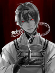 Rule 34 | 10s, 1boy, gloves, historical revisionist, japanese clothes, looking at viewer, male focus, mikazuki munechika, monochrome, red background, red eyes, sayagata, short hair, simple background, skeleton, solo, spot color, sword, touken ranbu, unmoving pattern, upper body, weapon, white background, zuwai kani