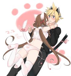 Rule 34 | 1boy, 1girl, aerith gainsborough, animal ears, ass, bad id, bad pixiv id, blonde hair, blush, breasts, brown hair, cat ears, cat tail, cloud strife, final fantasy, final fantasy vii, krudears, long hair, open mouth, panties, paw print, paw print soles, smile, square enix, tail, thighhighs, twintails, underwear