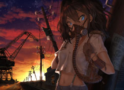 Rule 34 | 1girl, apocalypse, backlighting, blue eyes, blue shorts, bracelet, breasts, brown gloves, brown hair, building, cloud, collarbone, covered erect nipples, covered mouth, denim, denim shorts, evening, eyebrows, fingerless gloves, gas mask, gloves, hair between eyes, highres, house, italian text, jewelry, long hair, looking at viewer, luca donnarumma, mask, mega-ne, mole, mole under eye, navel, original, outdoors, panties, panty peek, power lines, road, road sign, shirt, short sleeves, shorts, sign, sky, small breasts, solo, standing, star (sky), starry sky, stomach, street, sunlight, sunset, suspenders, tsurime, underwear, utility pole, warning sign, wavy hair, white panties, white shirt, wristband