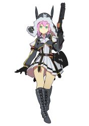 Rule 34 | 1girl, absurdres, bad id, bad twitter id, bag, belt, belt buckle, boots, breasts, buckle, canister, closed mouth, coat, cross-laced footwear, fps xilou, full body, gloves, green eyes, gun, hat, highres, holding, holding gun, holding weapon, inactive account, lace-up boots, long sleeves, looking at viewer, original, pink hair, shoelaces, shotgun, simple background, skirt, small breasts, smile, solo, standing, thigh boots, thighhighs, weapon, white background