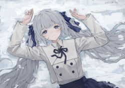 Rule 34 | 1girl, absurdres, arms up, blue eyes, collared shirt, daichengqi, grey hair, hair ribbon, highres, long hair, long sleeves, looking at viewer, lying, neck ribbon, on back, original, parted lips, ribbon, school uniform, shirt, skirt, snow, solo, twintails, very long hair