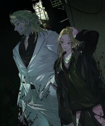 Rule 34 | 1boy, 1girl, absurdres, beard, black jacket, black shirt, blonde hair, blood, blood on clothes, bosssama, collared shirt, commentary, facial hair, formal, glint, green eyes, grin, highres, implied murder, jacket, jewelry, long hair, long sleeves, necklace, original, panties, profile, shirt, smile, suit, symbol-only commentary, underwear, white panties, white suit