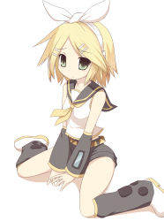 Rule 34 | blonde hair, detached sleeves, green eyes, hair ornament, hairclip, highres, kagamine rin, miko machi, ribbon, sad, simple background, sitting, solo, v arms, vocaloid, wariza