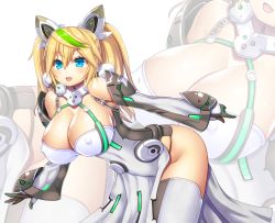 Rule 34 | 1girl, :d, asamura hiori, bent over, blonde hair, blue eyes, blush, breasts, cleavage, covered erect nipples, covered navel, cowboy shot, detached sleeves, dress, eyebrows, fang, gene (pso2), gloves, green hair, groin, hair between eyes, hair ornament, large breasts, long hair, multicolored hair, open mouth, pelvic curtain, phantasy star, phantasy star online 2, smile, solo, streaked hair, thighhighs, twintails, white dress, zoom layer